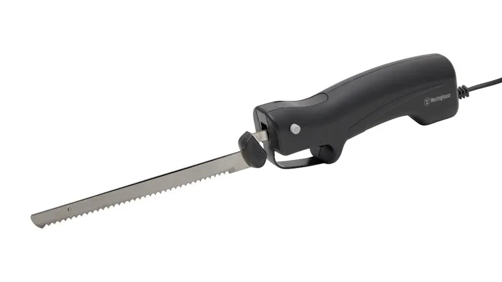 Electric carving knife with black handle and serrated stainless steel blade
