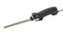 Electric knife with black ergonomic handle and stainless steel serrated blade on white background