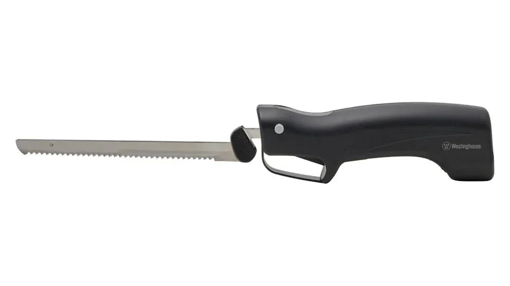 Electric knife with serrated stainless steel blade and black ergonomic handle