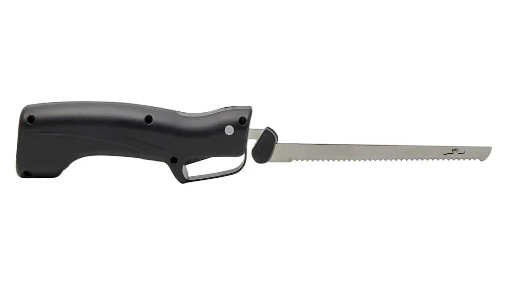 Electric knife with black handle and serrated stainless steel blade on white background