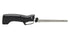 Electric knife with black handle and serrated stainless steel blade on white background