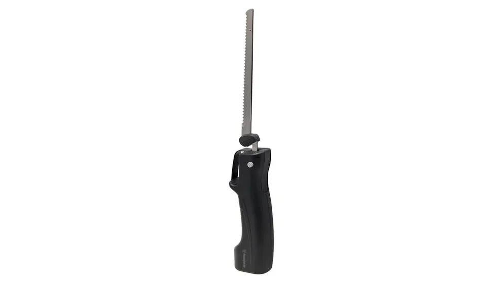 Electric knife with serrated stainless steel blade and black ergonomic handle