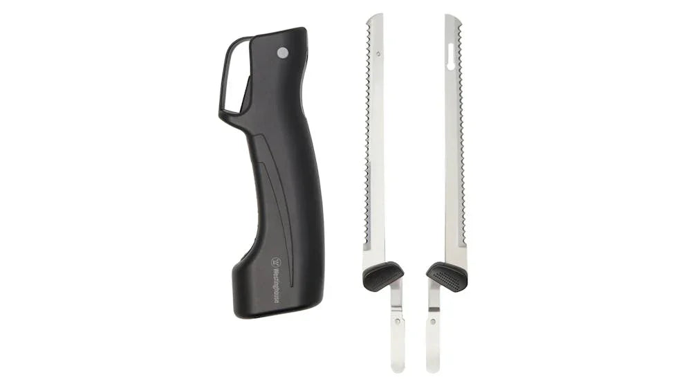 Electric knife handle with two serrated stainless steel blades on a white background