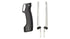 Electric knife handle with two serrated stainless steel blades on a white background