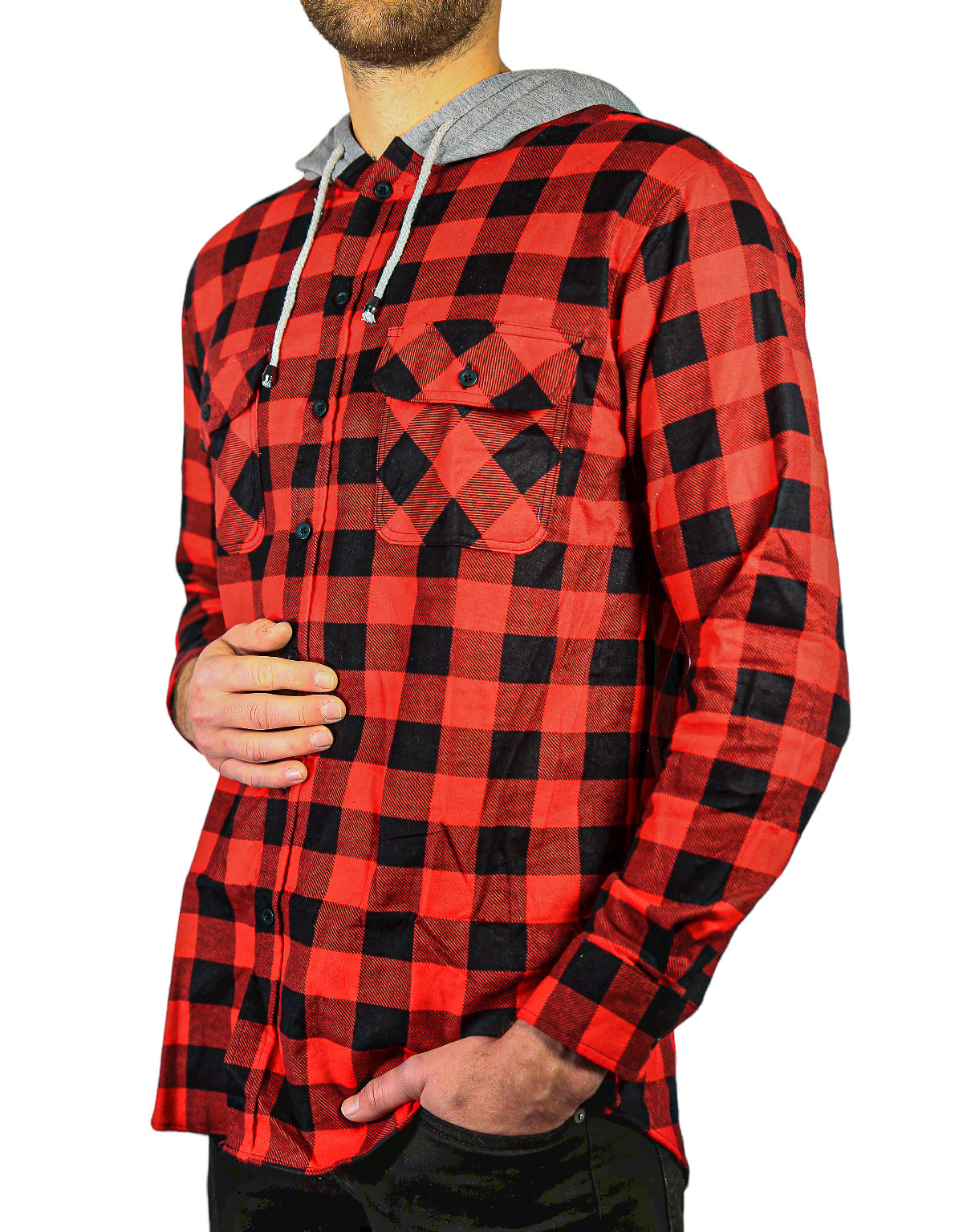 Mens Cotton Flannelette Shirt w Jersey Hood Long Sleeve Flannel - Red/Black - 3XL