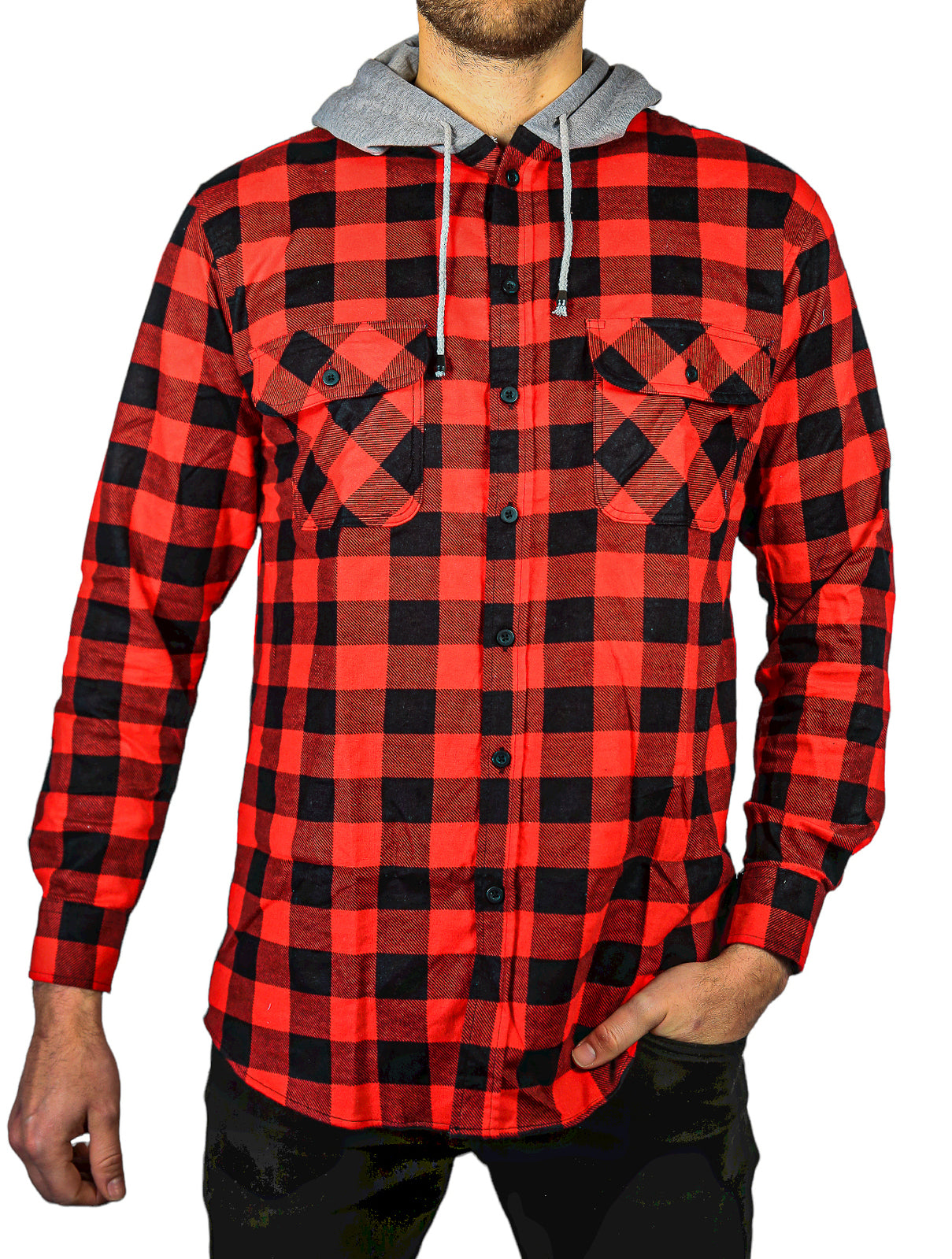 Mens Cotton Flannelette Shirt w Jersey Hood Long Sleeve Flannel - Red/Black - 6XL