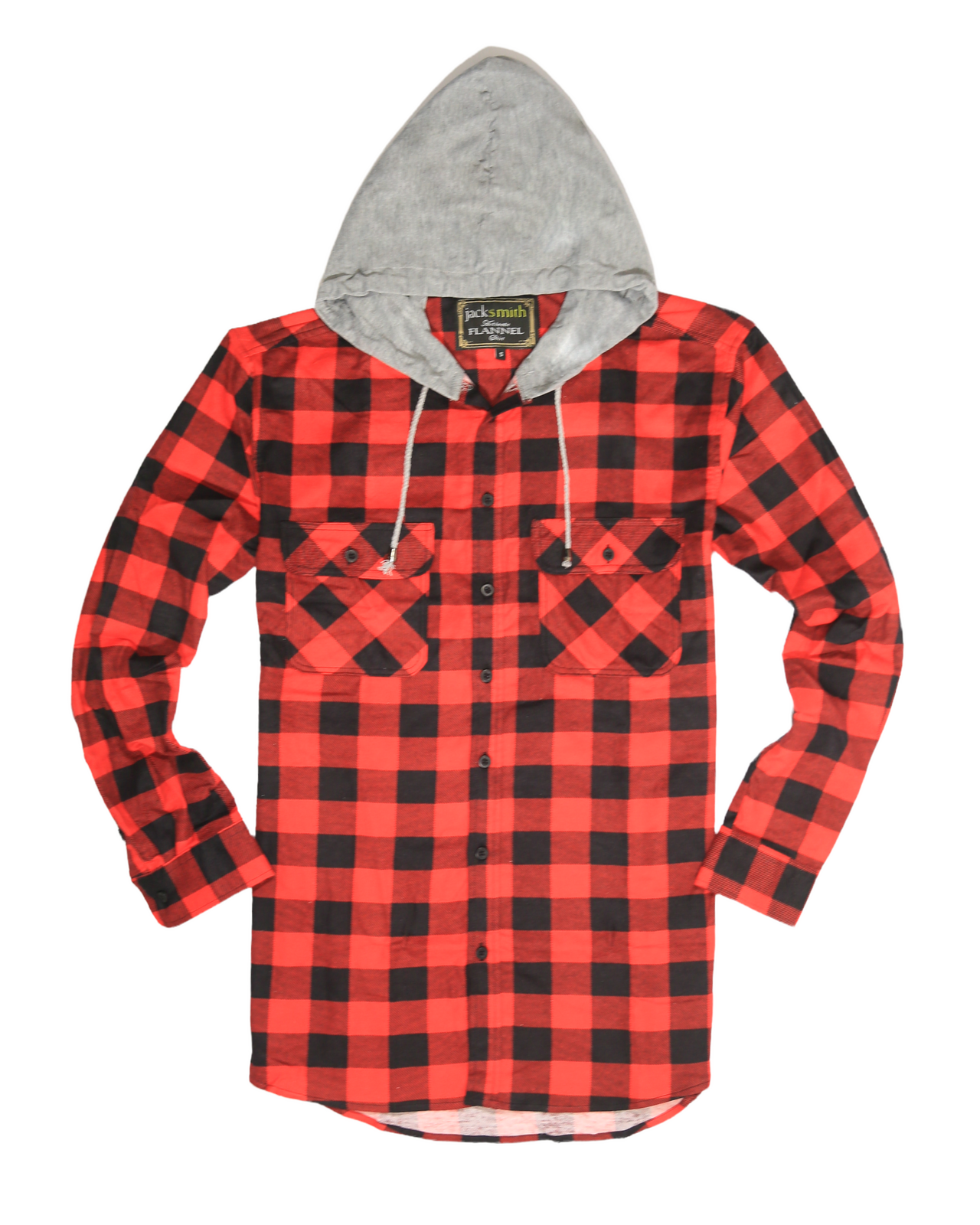 Mens Cotton Flannelette Shirt w Jersey Hood Long Sleeve Flannel - Red/Black - L