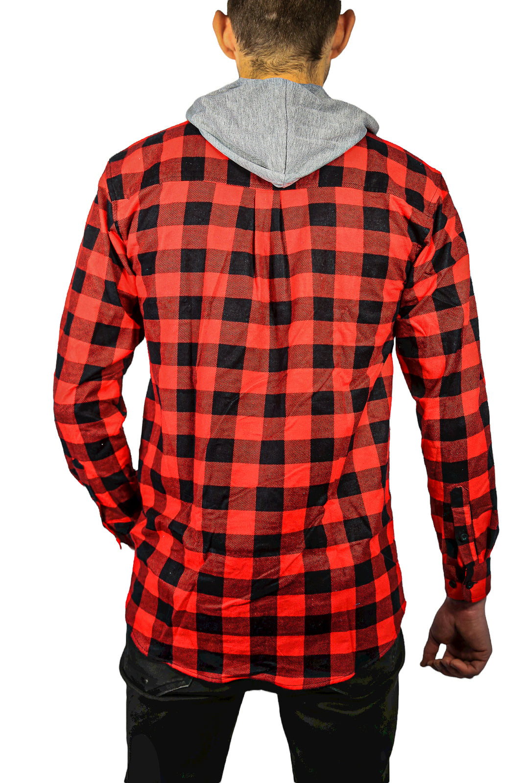 Mens Cotton Flannelette Shirt w Jersey Hood Long Sleeve Flannel - Red/Black - XL