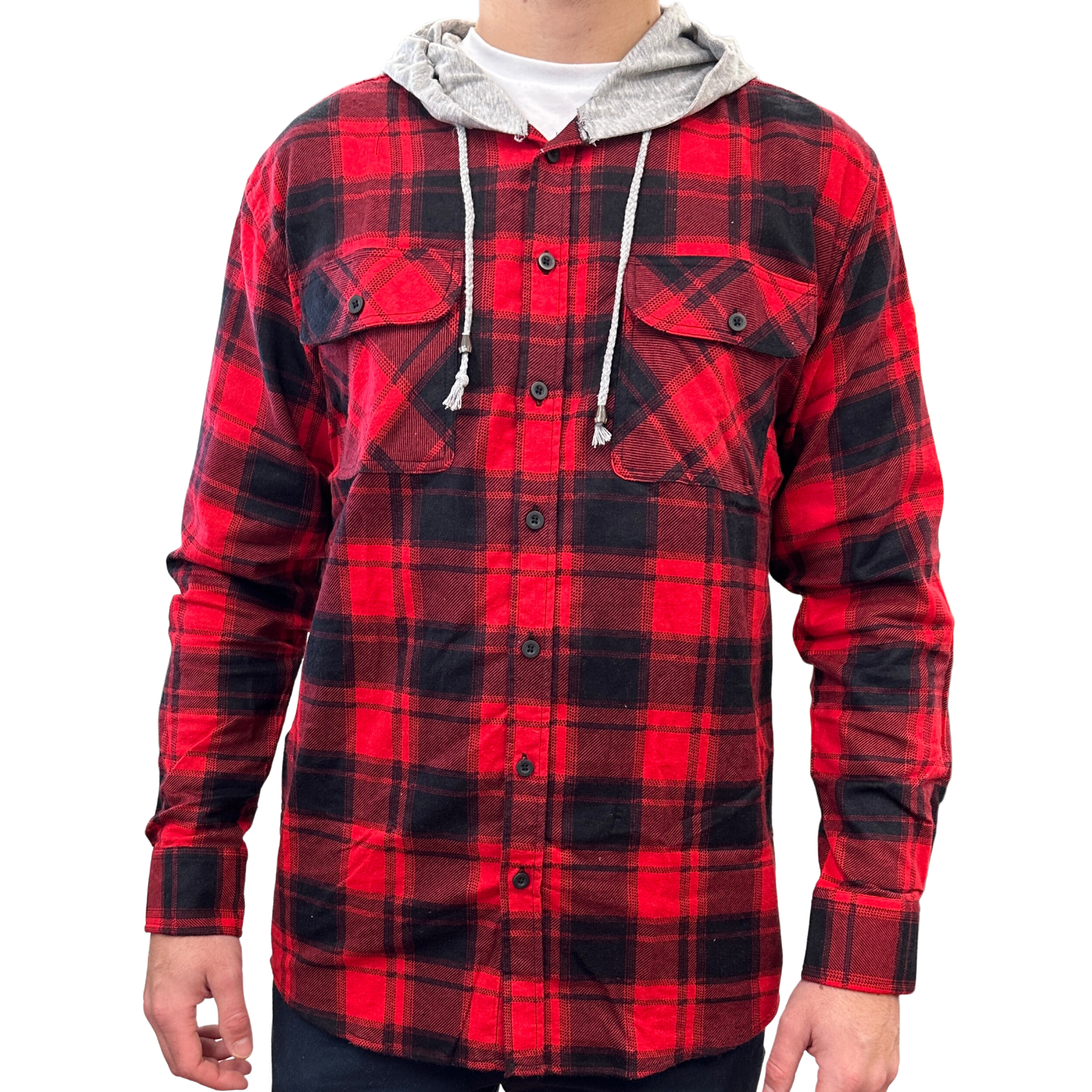 Mens Cotton Flannelette Shirt w Jersey Hood Long Sleeve Flannel - Red - L