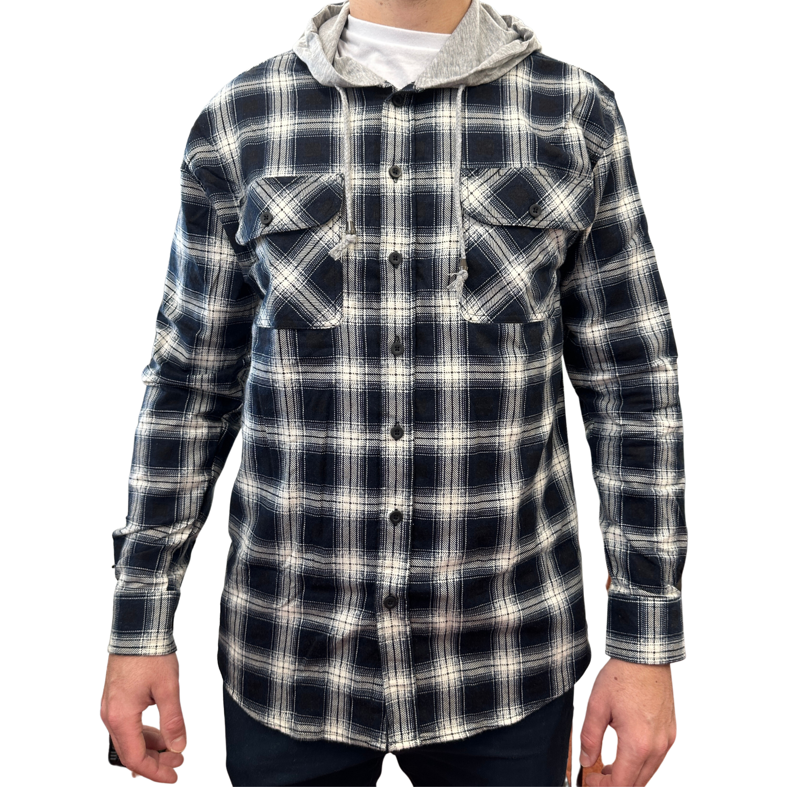 Mens Cotton Flannelette Shirt w Jersey Hood Long Sleeve Flannel - Black - L