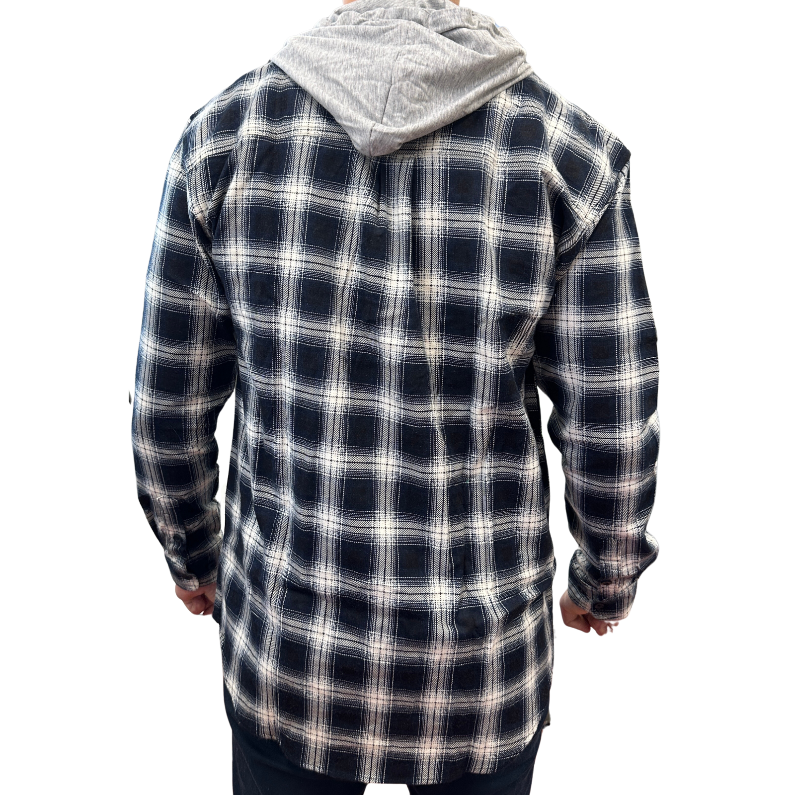 Mens Cotton Flannelette Shirt w Jersey Hood Long Sleeve Flannel - Black - XL