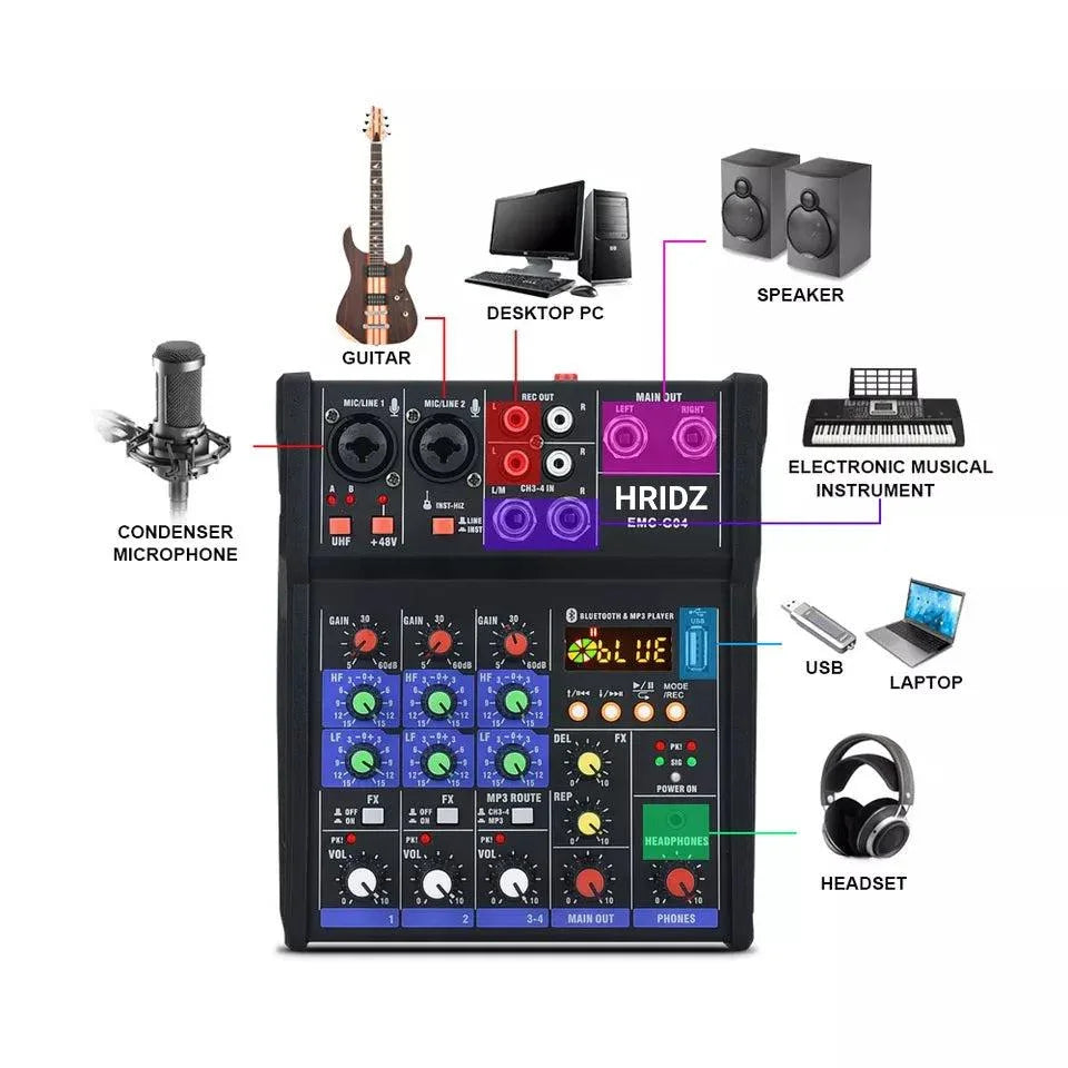 EMC-G04 Audio Mixer with UHF Wireless Microphone for DJ Karaoke PC Record