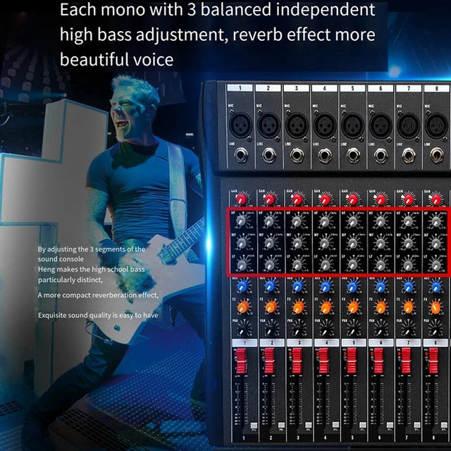 CT-80S Professional Audio Mixer – 8 Channels Bluetooth USB Mixer with Effects, 48V Phantom Power, and Built-in Sound Card, 8 Channels Audio Sound Mixer Mixing DJ Console USB with 48V Phantom Power