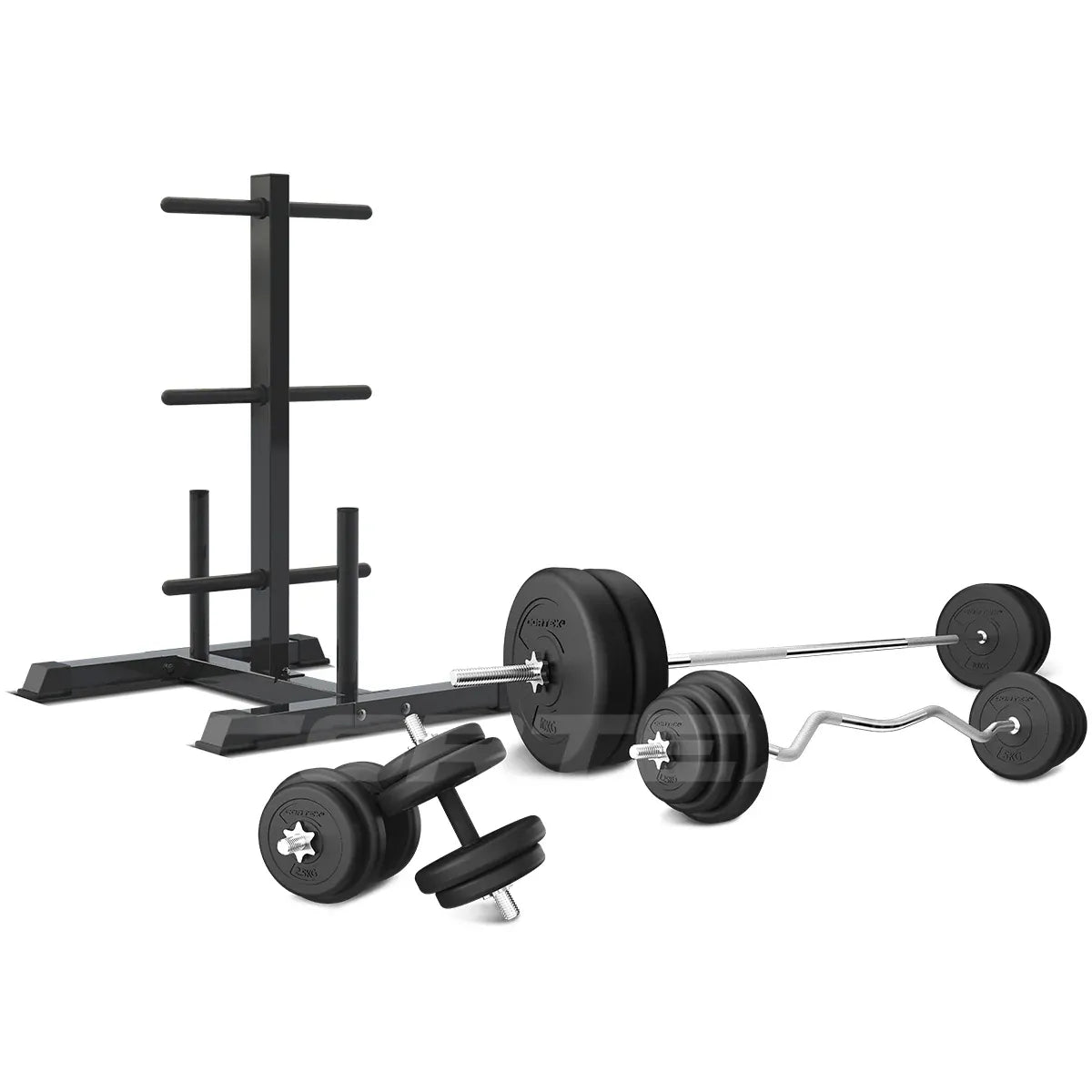 90kg EnduraCast Barbell Weight Set with Weight Tree, PVC Coated Set Kit