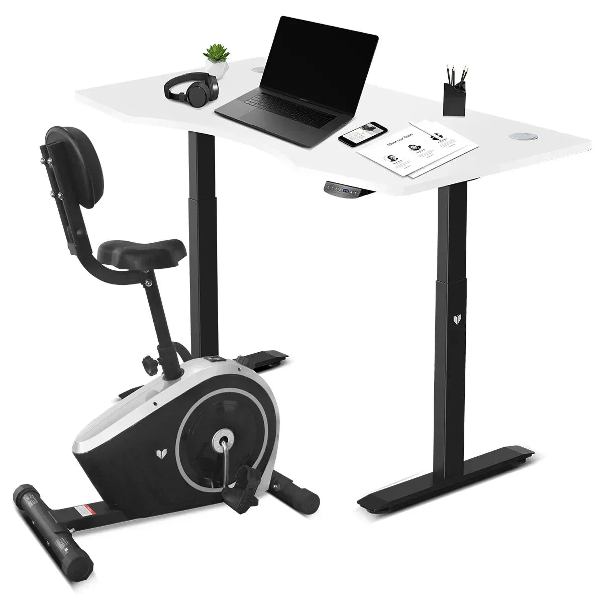 Cyclestation 3 Exercise Bike with ErgoDesk Automatic Standing Desk 150cm in White/Black