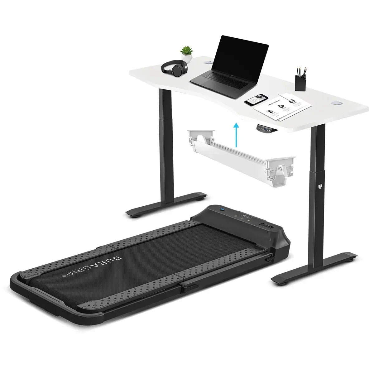 V-FOLD Treadmill with ErgoDesk Automatic Standing Desk 1500mm in White/Black with Cable Management