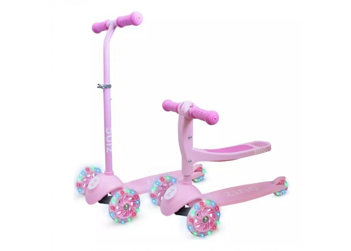 Zinc My First Tri 3-in-1 Kids Scooter Ride-On Seat LED Wheels Pink