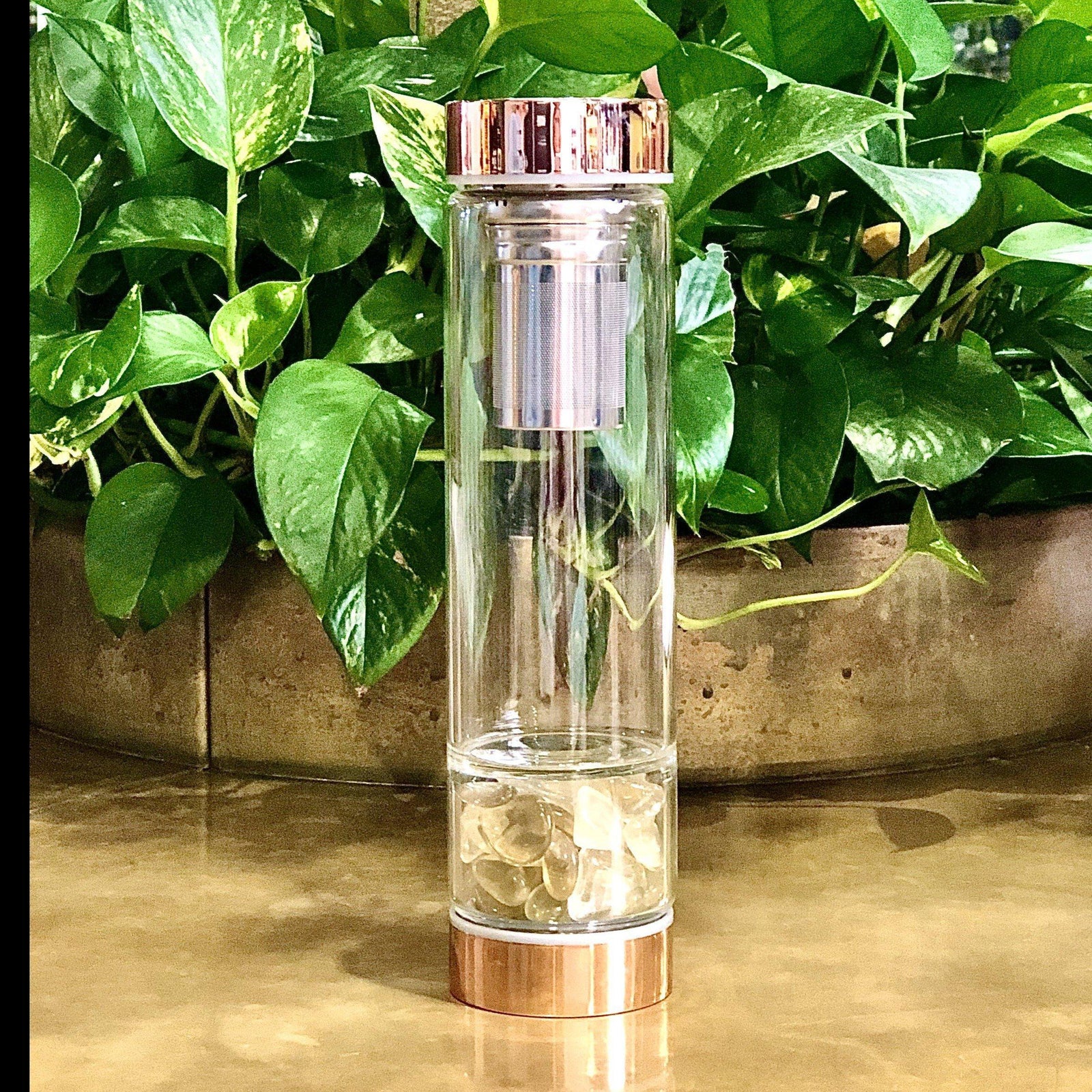 Rose Gold Crystal Bottle with Gemstone Base and Tea Infuser