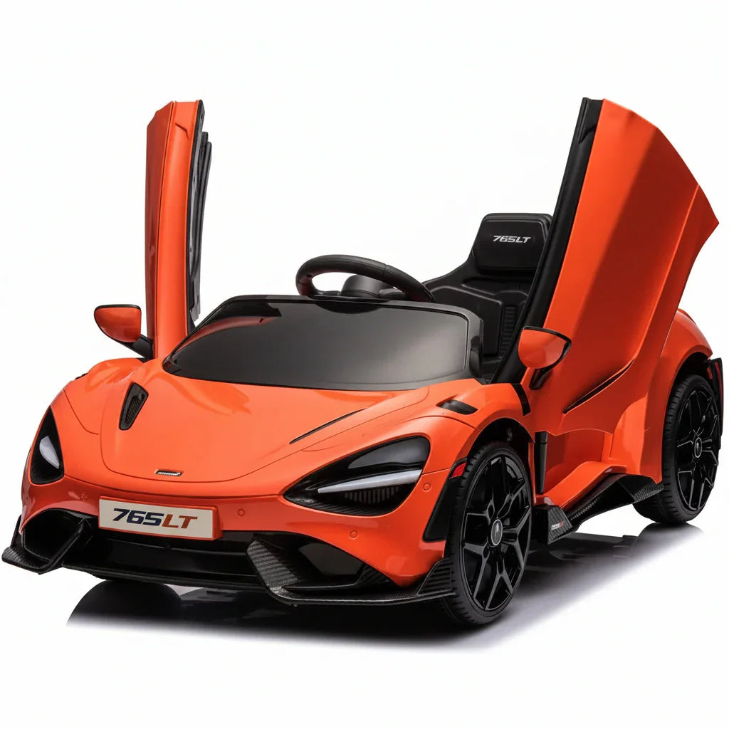 Orange ride on toy car with open doors on a white background