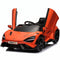 Orange ride on toy car with open doors on a white background