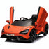 Orange ride on toy car with open doors on a white background