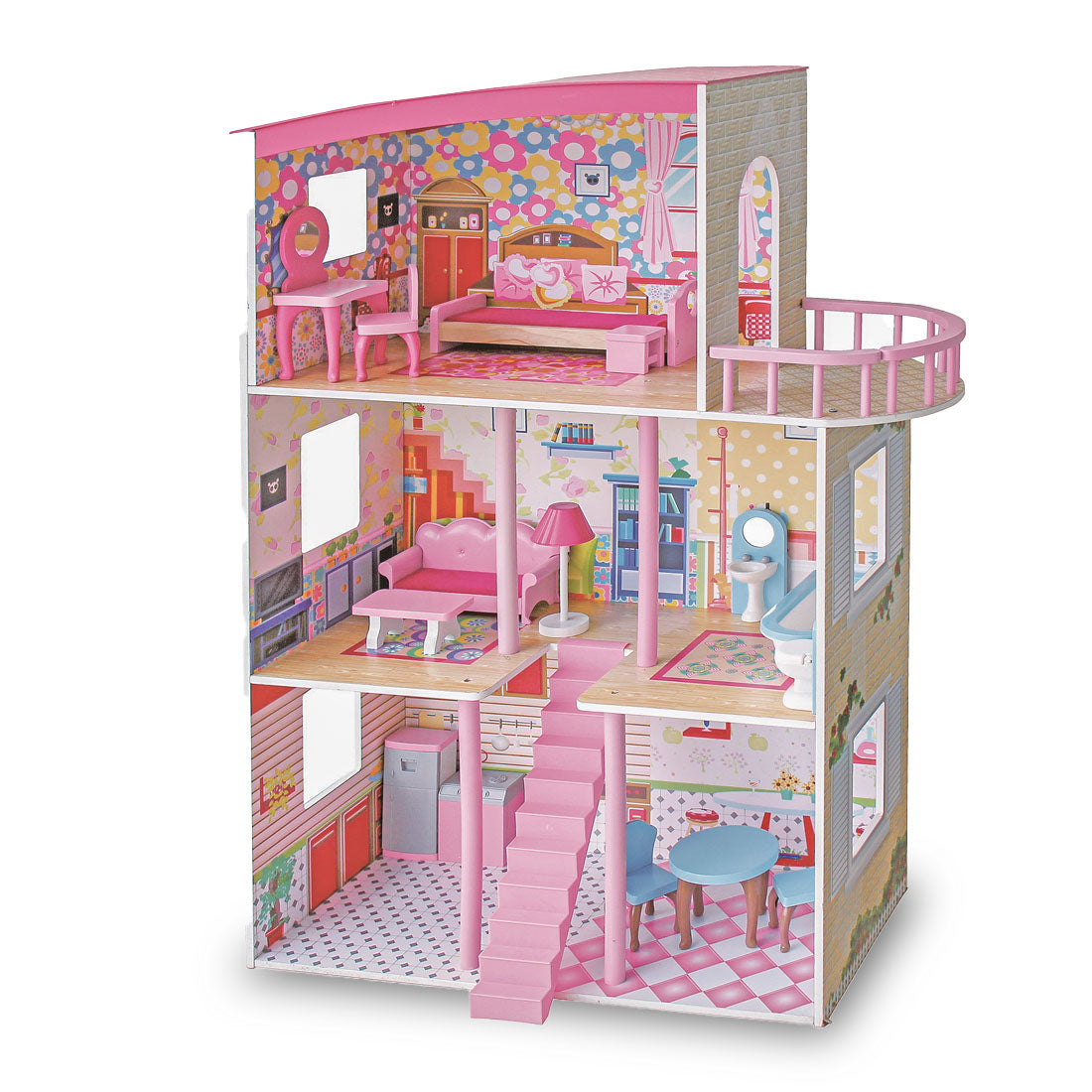 Large Wooden Dollhouse 3 Level Pink with Furniture Kids Pretend Play Doll House