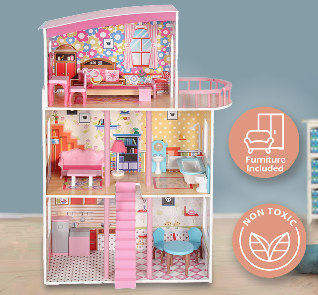 Large Wooden Dollhouse 3 Level Pink with Furniture Kids Pretend Play Doll House