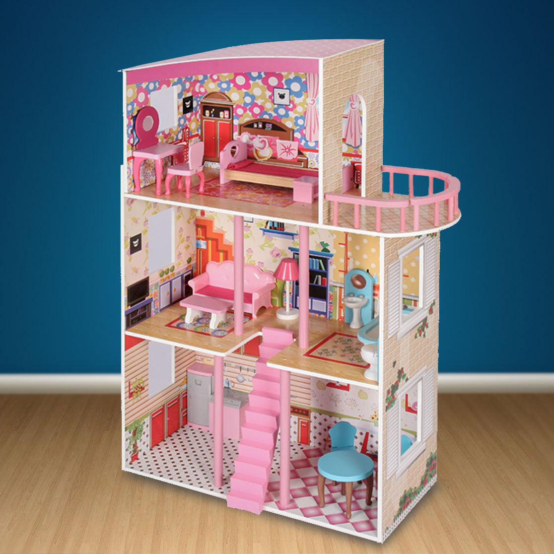 Large Wooden Dollhouse 3 Level Pink with Furniture Kids Pretend Play Doll House