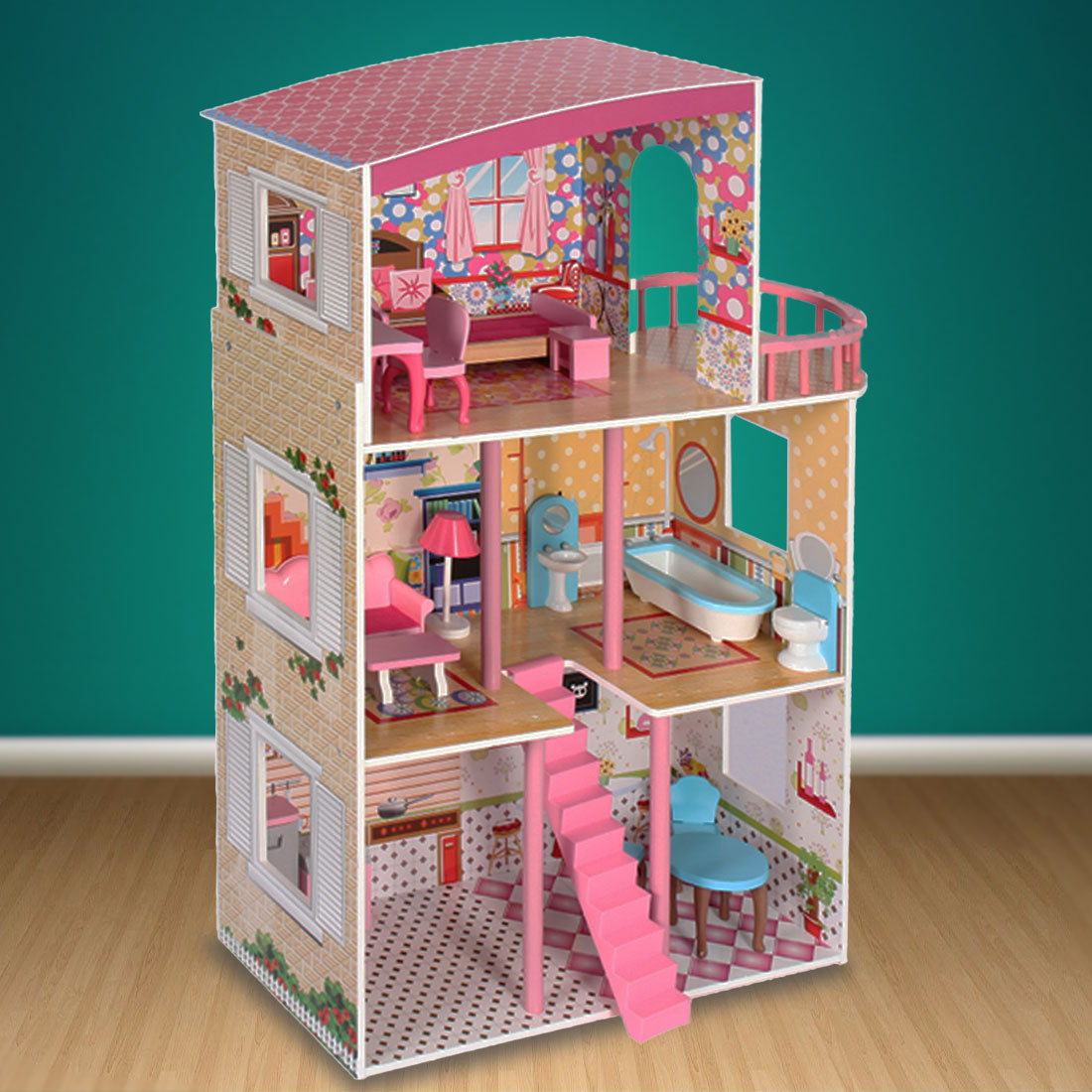 Large Wooden Dollhouse 3 Level Pink with Furniture Kids Pretend Play Doll House