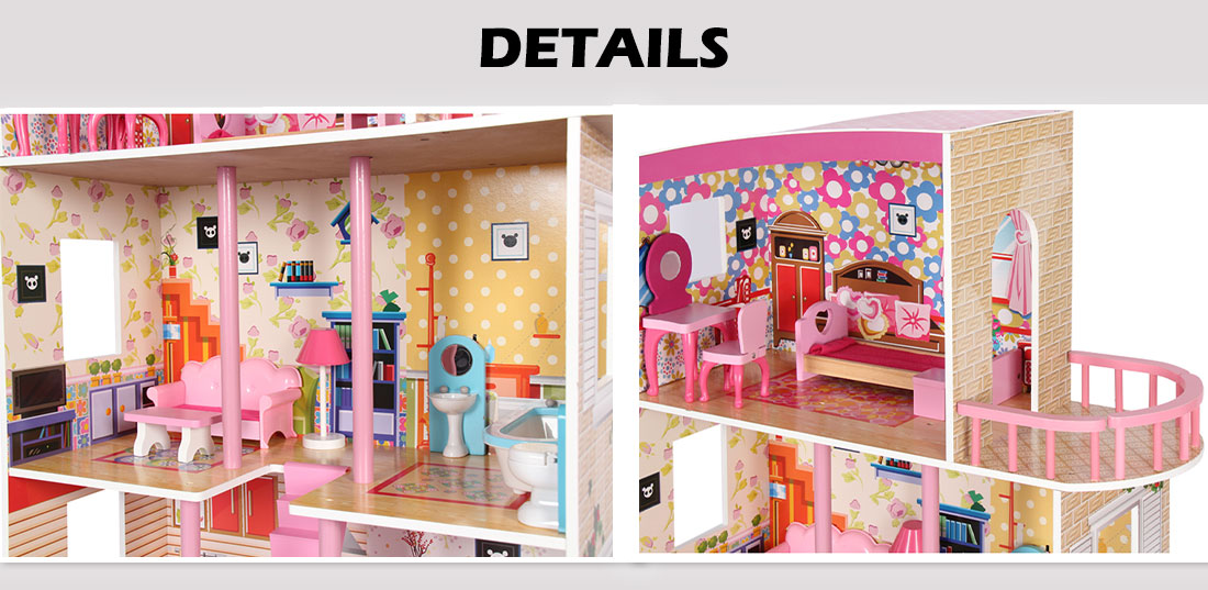 Large Wooden Dollhouse 3 Level Pink with Furniture Kids Pretend Play Doll House