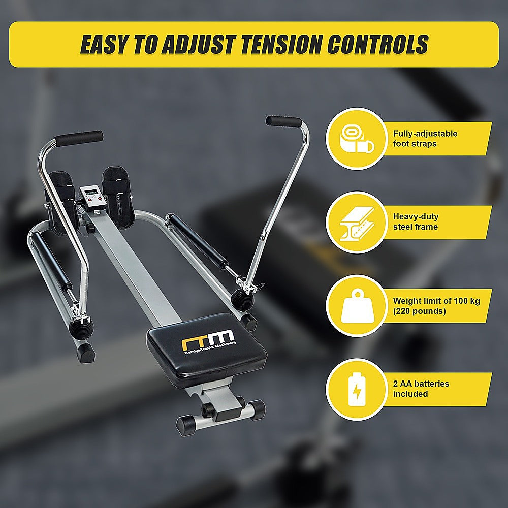 Hydraulic Rowing Machine Rower with LCD Display, 100kg Capacity, 2 x AA