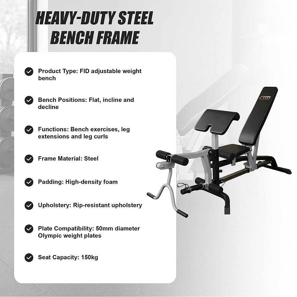FID Adjustable Weight Bench Press with Flat Incline Decline and Leg Extension