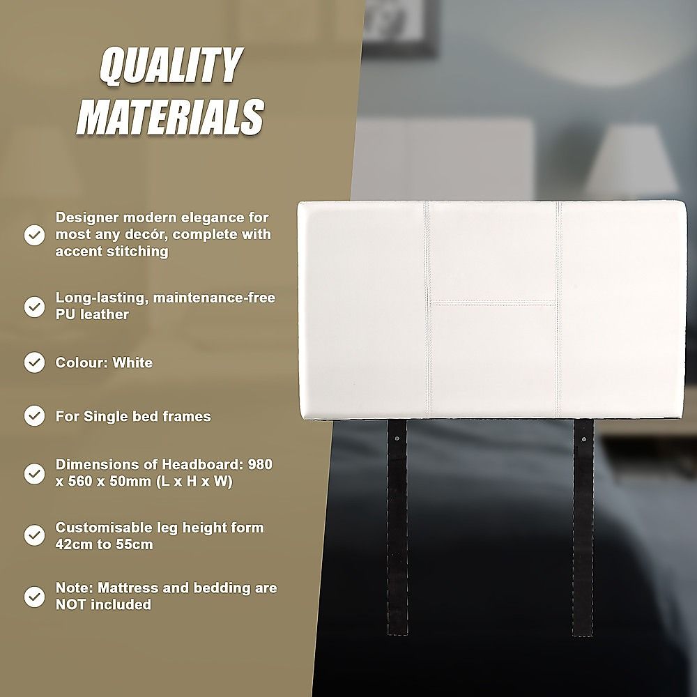 Designer Stitched PU Leather Single Bed Headboard, White, 980x560mm Size