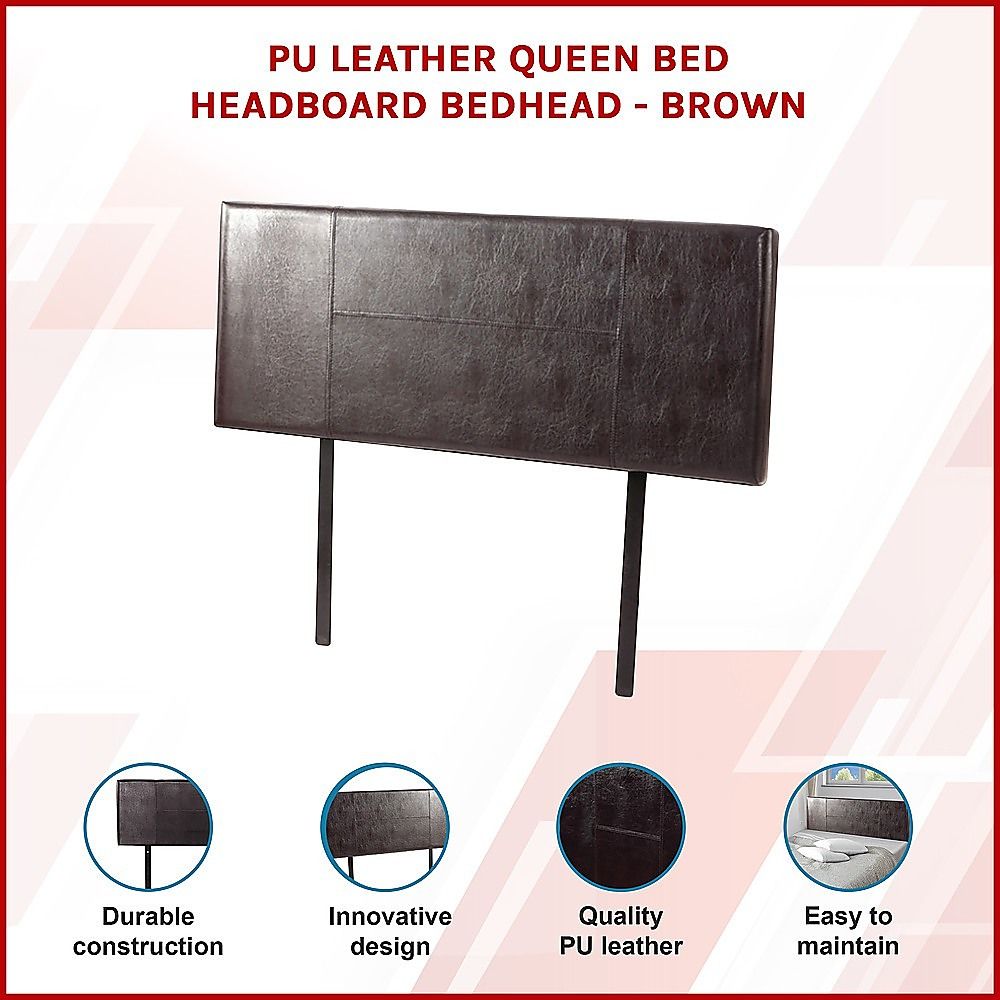 Queen Bed Headboard Brown PU Leather Stitched Adjustable Height
