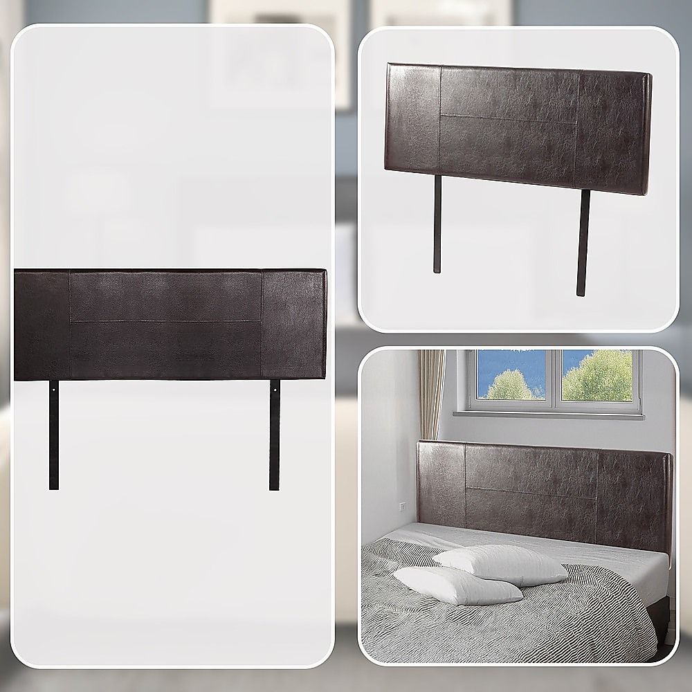 Queen Bed Headboard Brown PU Leather Stitched Adjustable Height