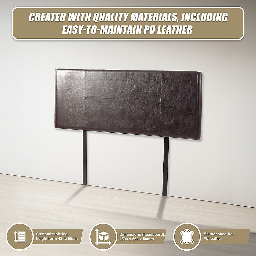 Queen Bed Headboard Brown PU Leather Stitched Adjustable Height