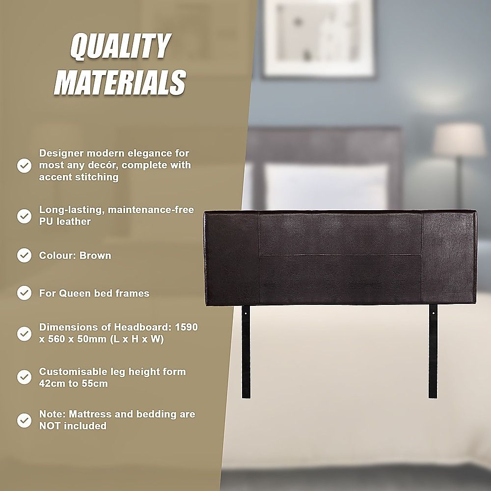 Queen Bed Headboard Brown PU Leather Stitched Adjustable Height