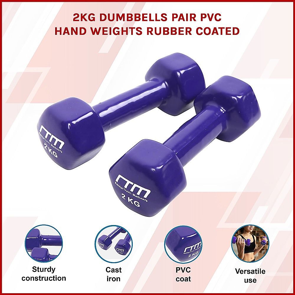 2kg Dumbbells Pair, PVC Rubber Coated, Hexagonal Design, Cast Iron Build