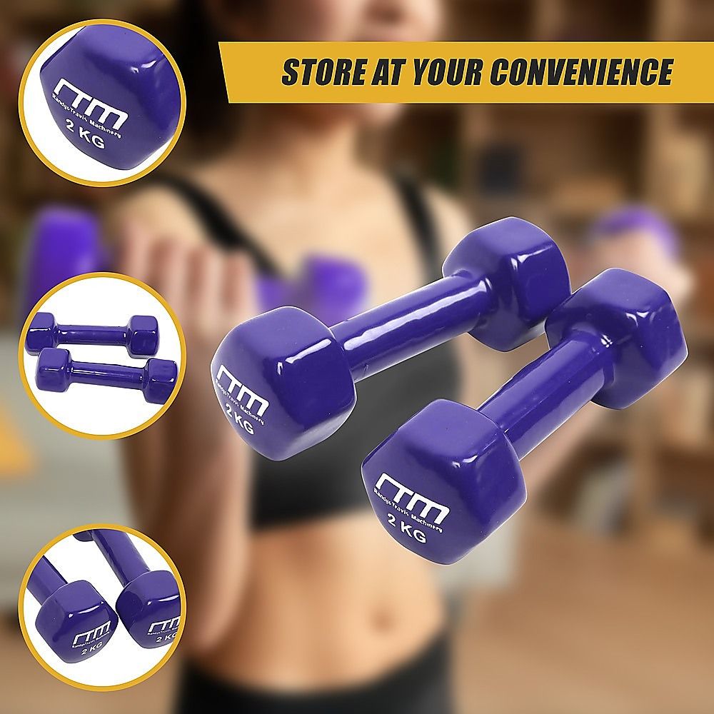 2kg Dumbbells Pair, PVC Rubber Coated, Hexagonal Design, Cast Iron Build