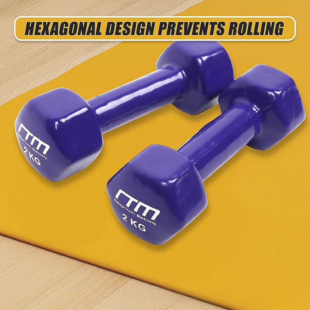2kg Dumbbells Pair, PVC Rubber Coated, Hexagonal Design, Cast Iron Build