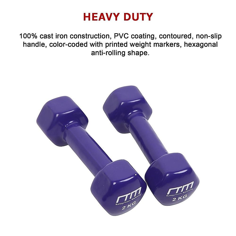 2kg Dumbbells Pair, PVC Rubber Coated, Hexagonal Design, Cast Iron Build
