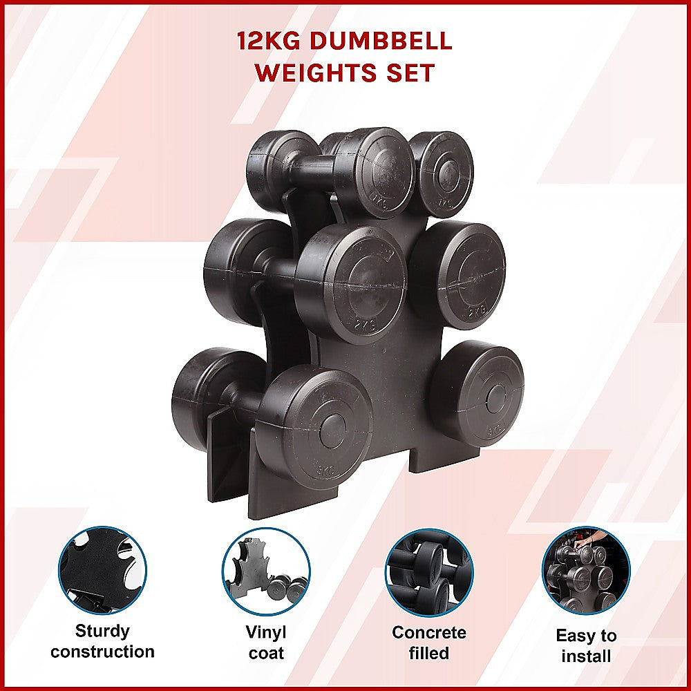 12kg Dumbbell Weights Set with Rack for Home Gym Training