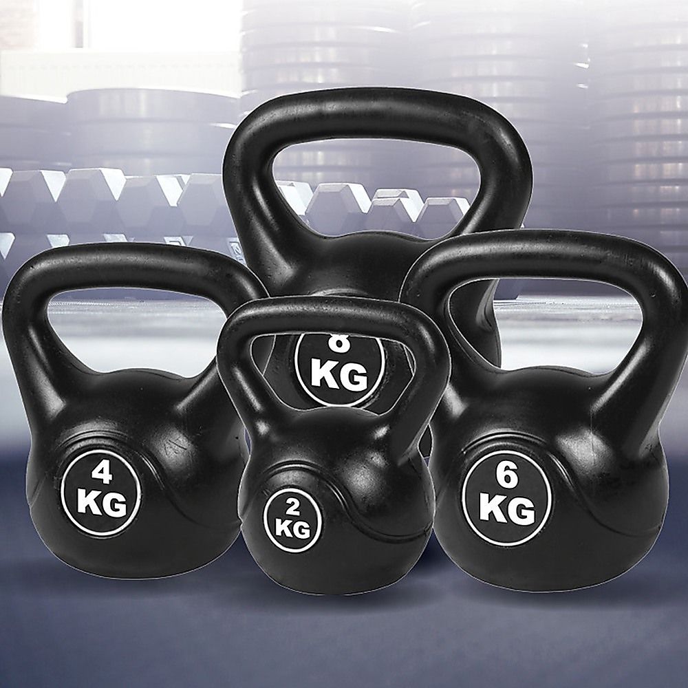 4-Piece Exercise Kettlebell Weight Set, 2-8kg, Black, Cast Iron Build Kit