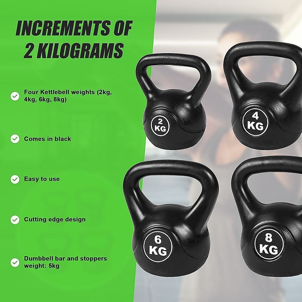 4-Piece Exercise Kettlebell Weight Set, 2-8kg, Black, Cast Iron Build Kit