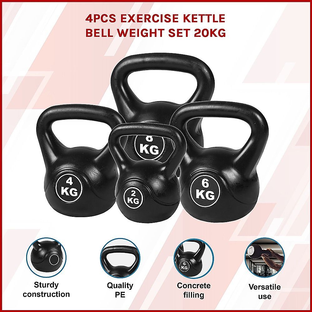 4-Piece Exercise Kettlebell Weight Set, 2-8kg, Black, Cast Iron Build Kit