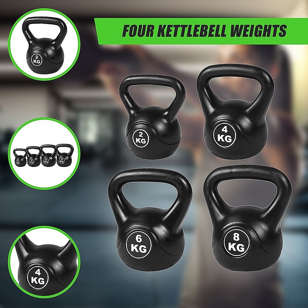 4-Piece Exercise Kettlebell Weight Set, 2-8kg, Black, Cast Iron Build Kit