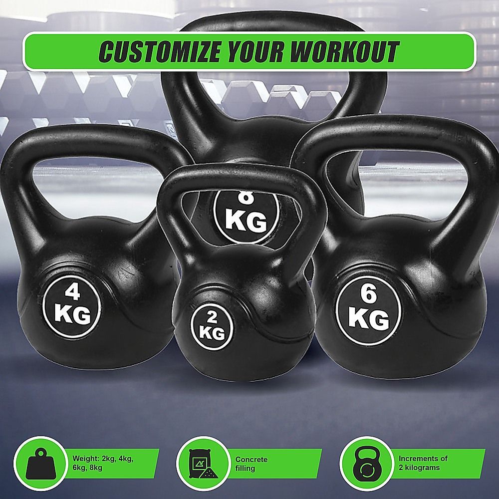 4-Piece Exercise Kettlebell Weight Set, 2-8kg, Black, Cast Iron Build Kit