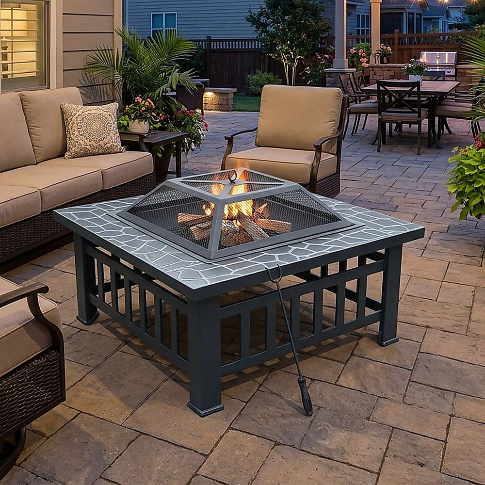 18-Inch Square Metal Fire Pit Outdoor Heater with Mesh Screen Lid, 10.89kg