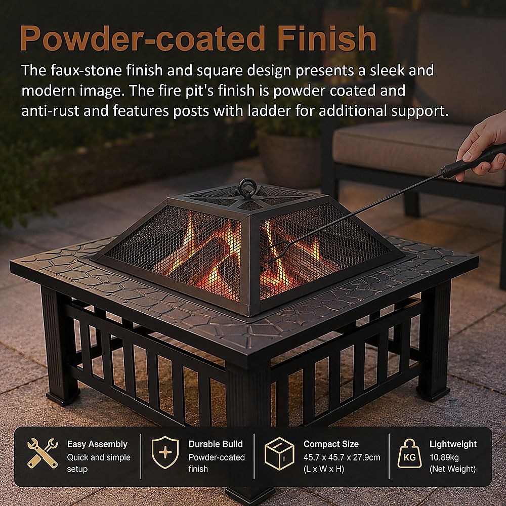 18-Inch Square Metal Fire Pit Outdoor Heater with Mesh Screen Lid, 10.89kg