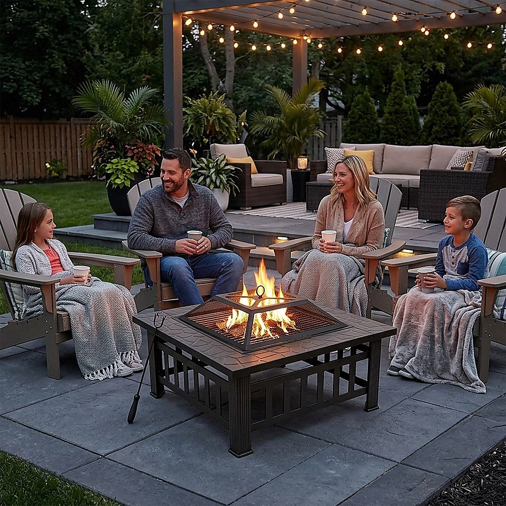 18-Inch Square Metal Fire Pit Outdoor Heater with Mesh Screen Lid, 10.89kg